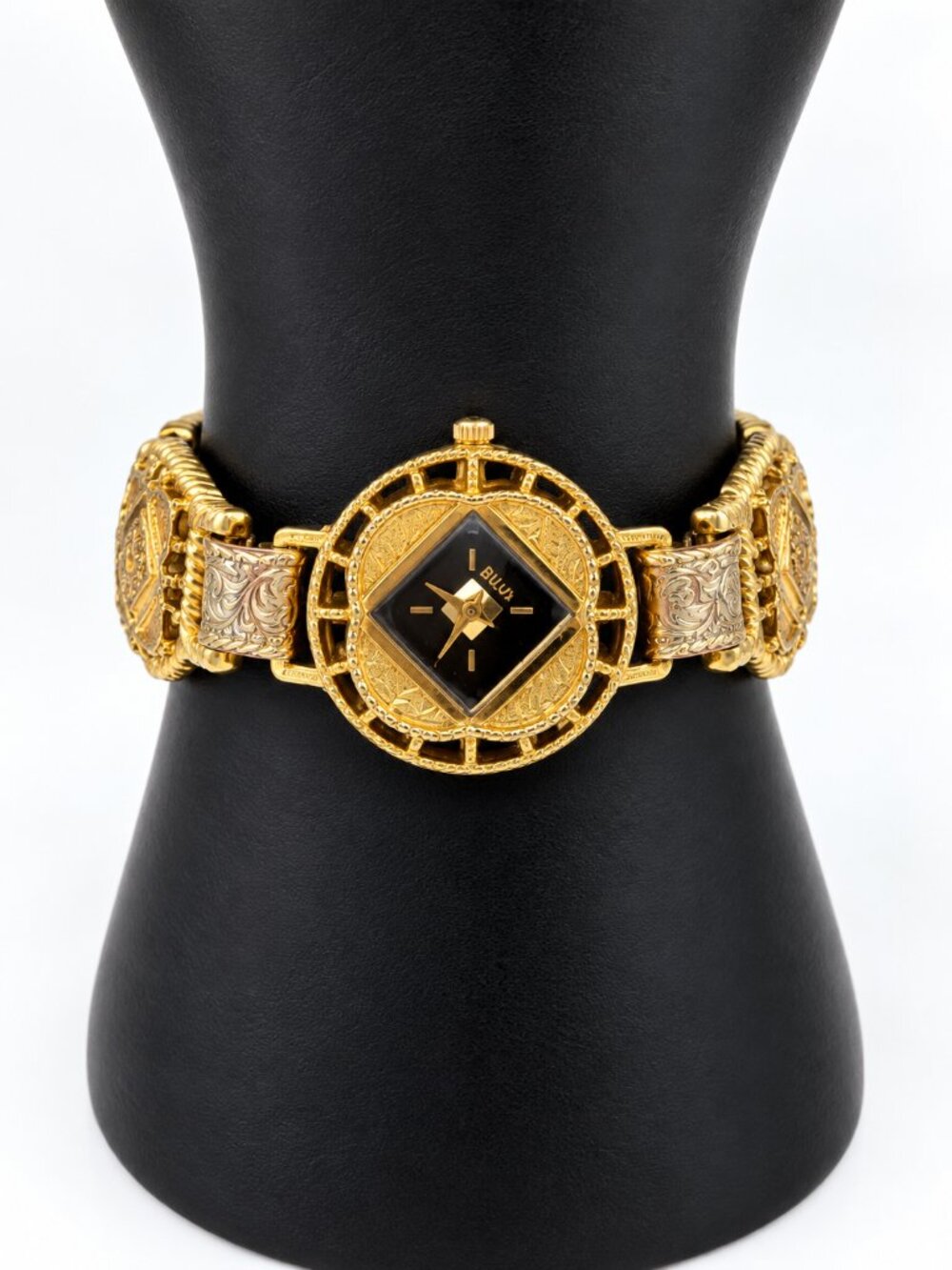 1928 Vintage Style Gold Tone Ornate Bracelet Watch Black Face